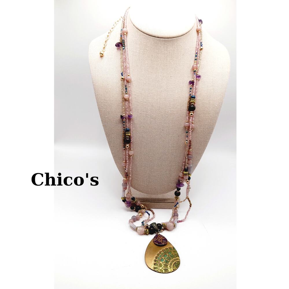 Chico's Bohemian Beaded Pendant Necklace - Amethyst Chips - 36" - 3 Bead Strands
